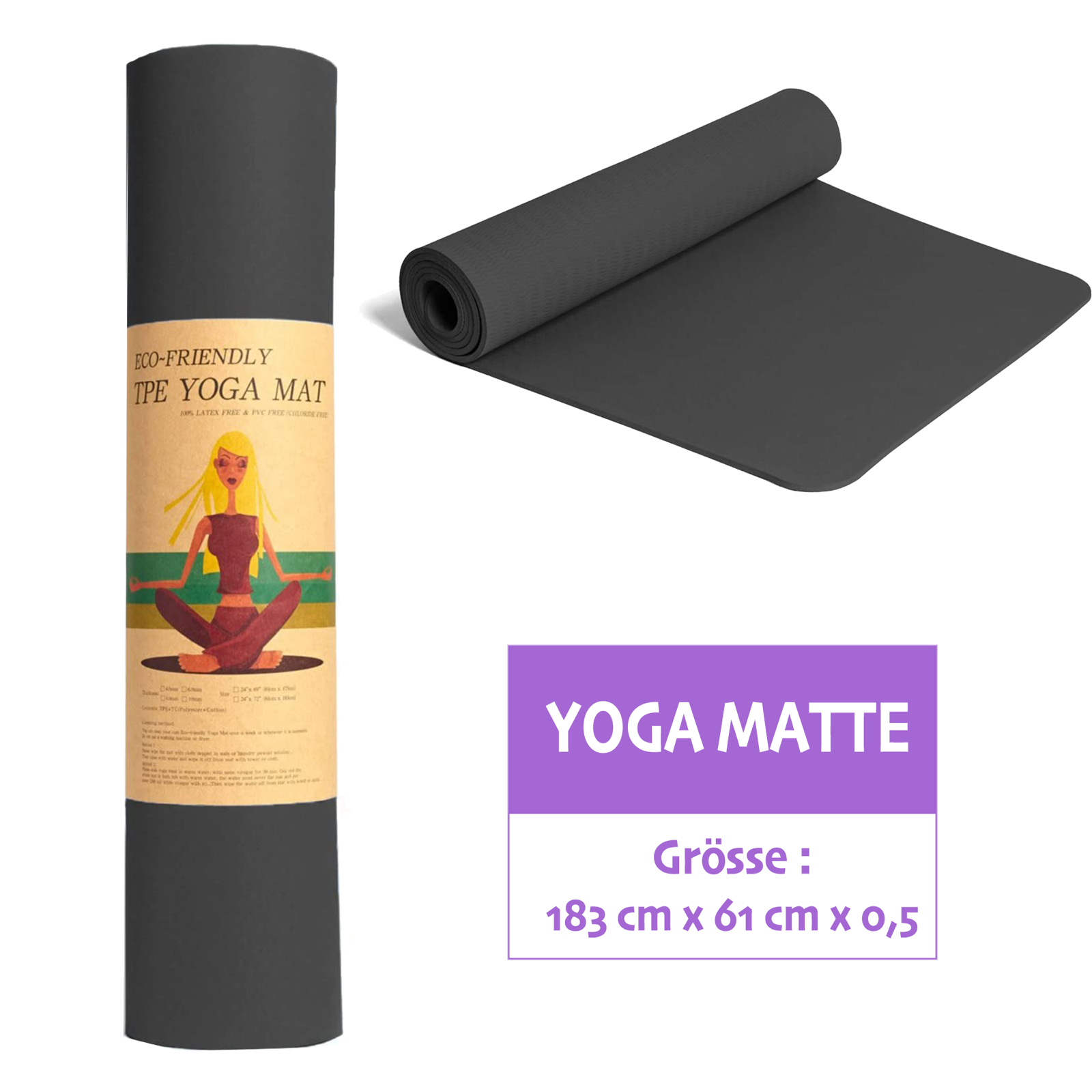 Yogamatte Rutschfest Pilates Sport Gymnastikmatte Schwarz