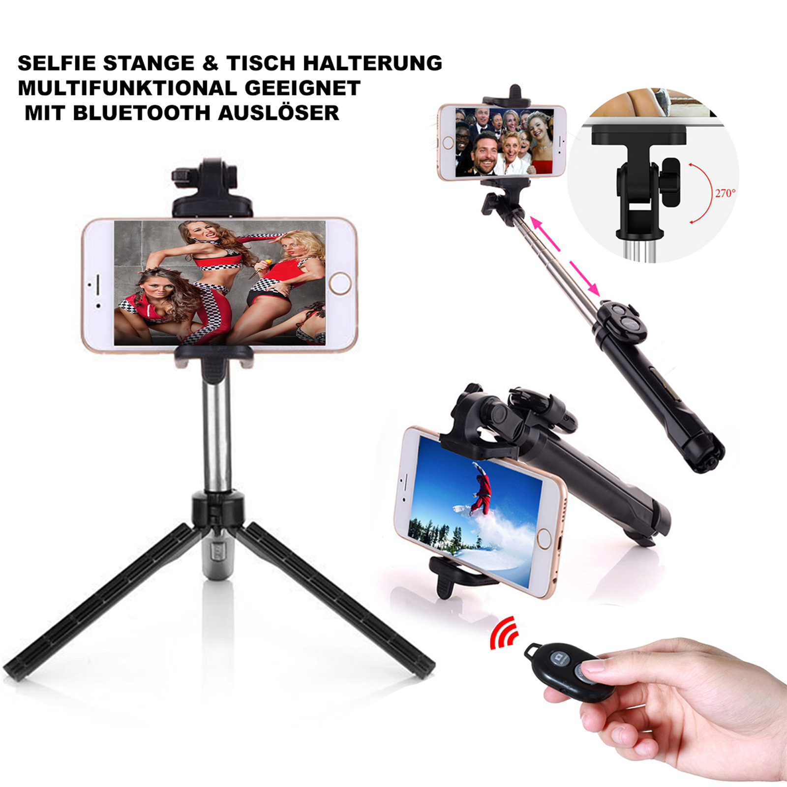 Selfie Stick Bluetooth Stativ Teleskop Stange Selbst Auslöser Handy Tripod 3 in1